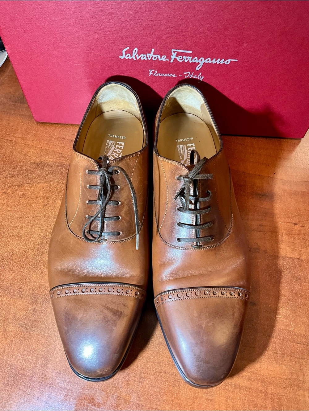 Salvatore Ferragamo Tan Leather Cap-Toe Oxfords